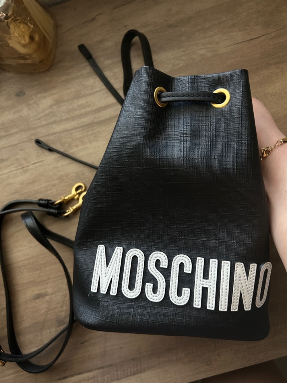 Moschino Black Mini Drawstring Bucket Bag with White Logo
